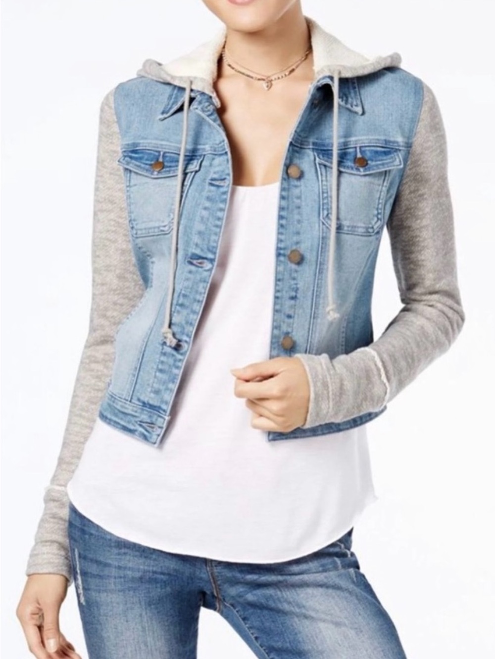 New but no tags Light Wash Denim Jacket with Gray Hooded Sleeves